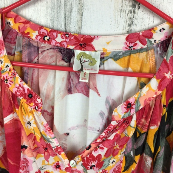 Fig & Flower Red Orange Floral Blouse Tie balloon Sleeves Boho pretty rayon L. - Picture 2 of 11